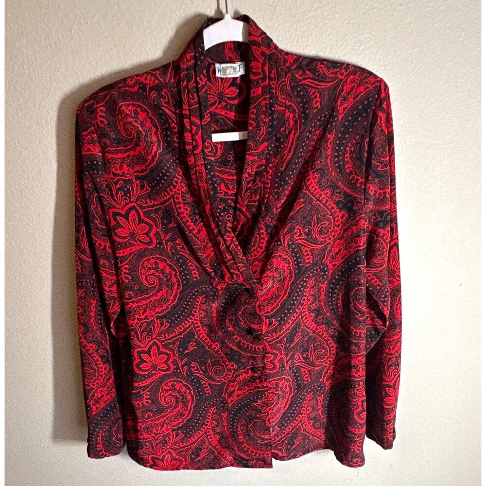 Koret Women’s Blouse Size 12 Red/Black Paisley Cowl Neck Long Sleeve Woven
